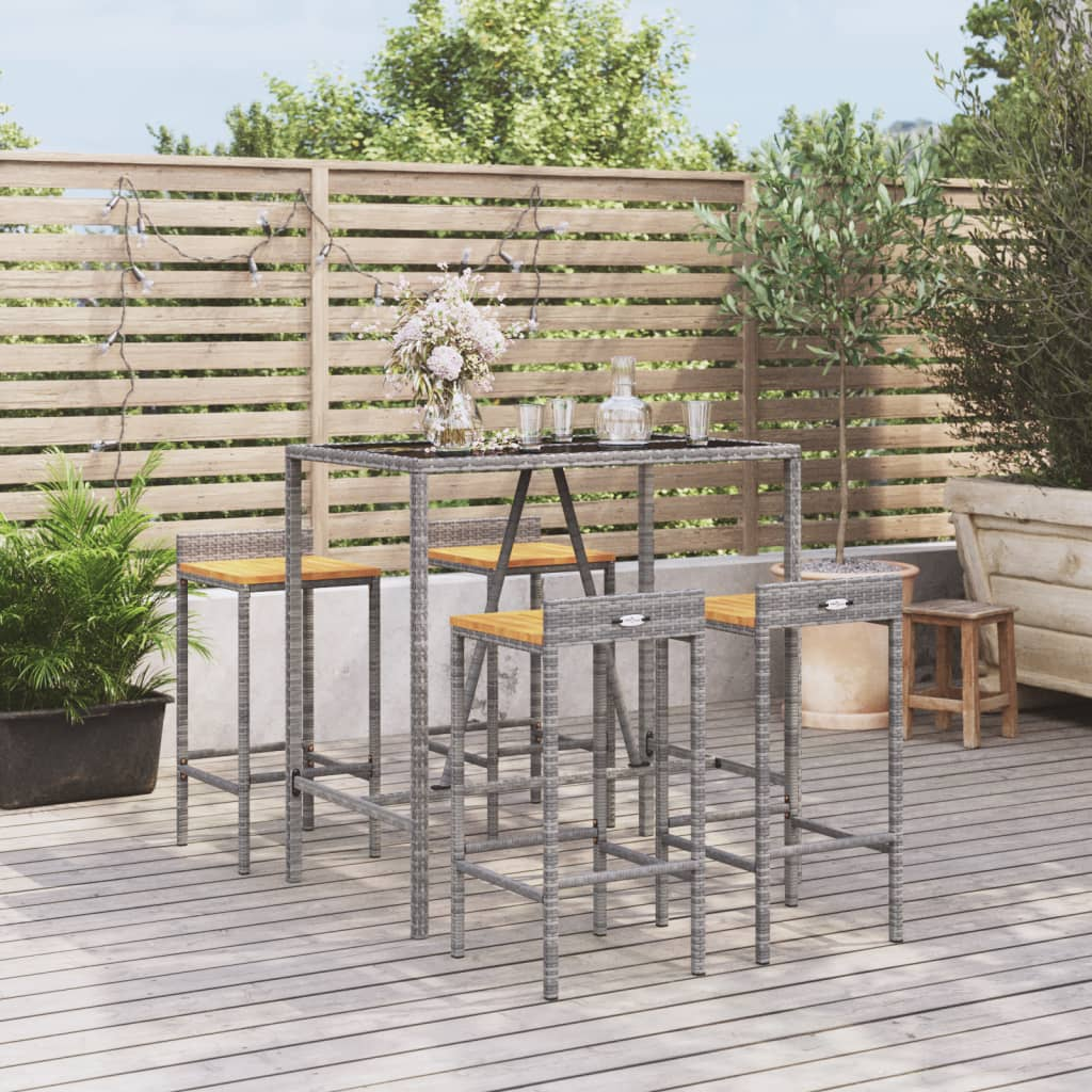  5 Piece Grey Poly Rattan & Solid Wood Garden Bar Set