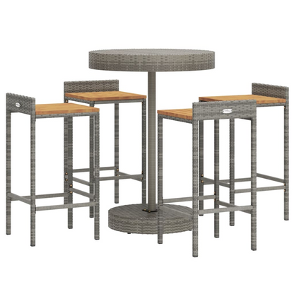  5 Piece Grey Poly Rattan & Solid Acacia Wood Garden Bar Set