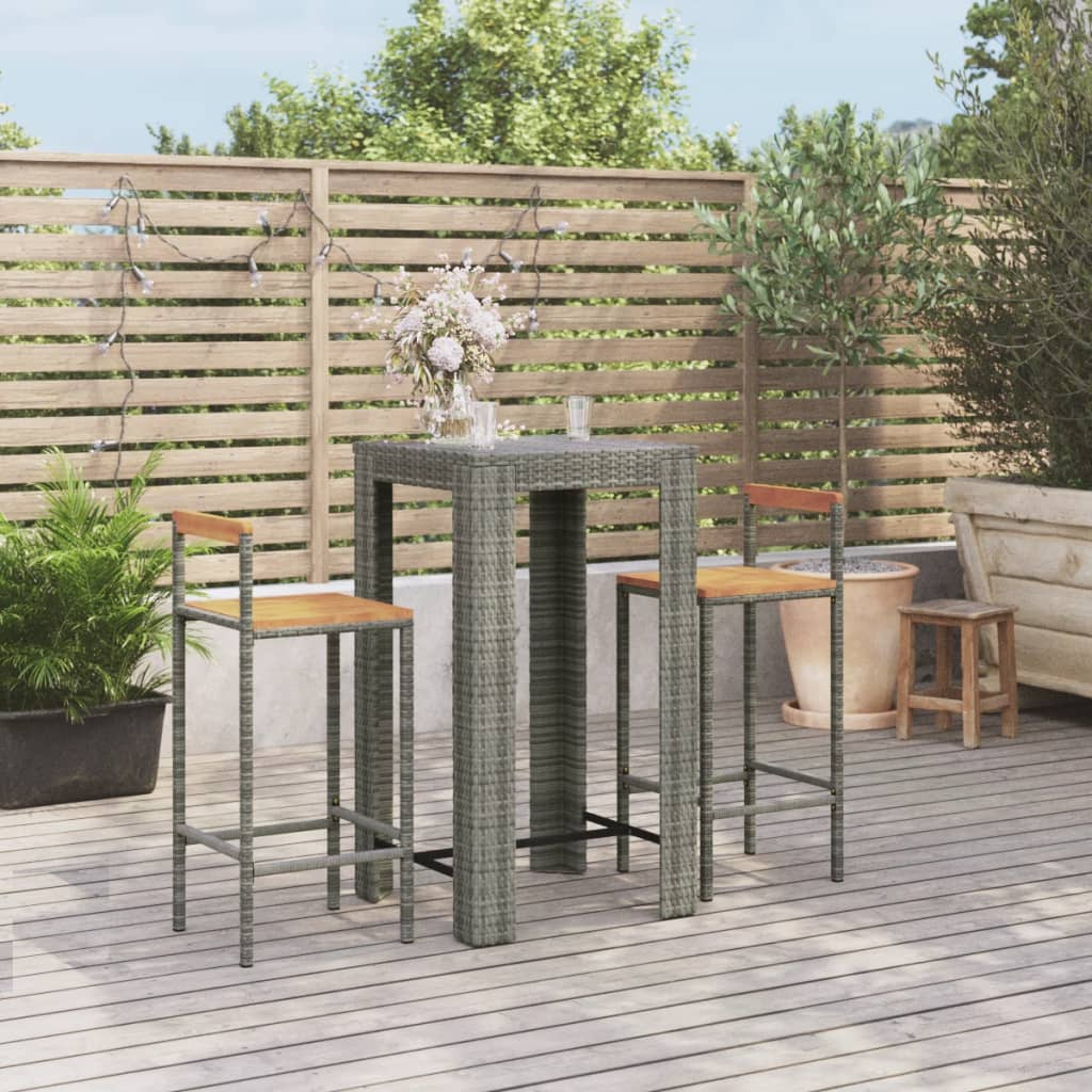 3 Pcs Grey Poly Rattan&Solid Wood Garden Bar Set