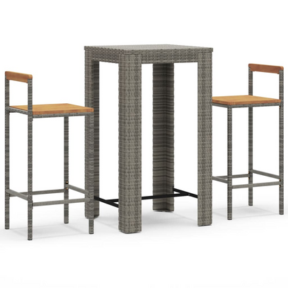 3 Pcs Grey Poly Rattan&Solid Wood Garden Bar Set