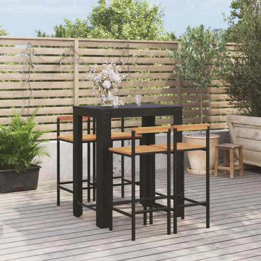 5 Piece Poly Rattan & Solid Acacia Wood Garden Bar Set Black