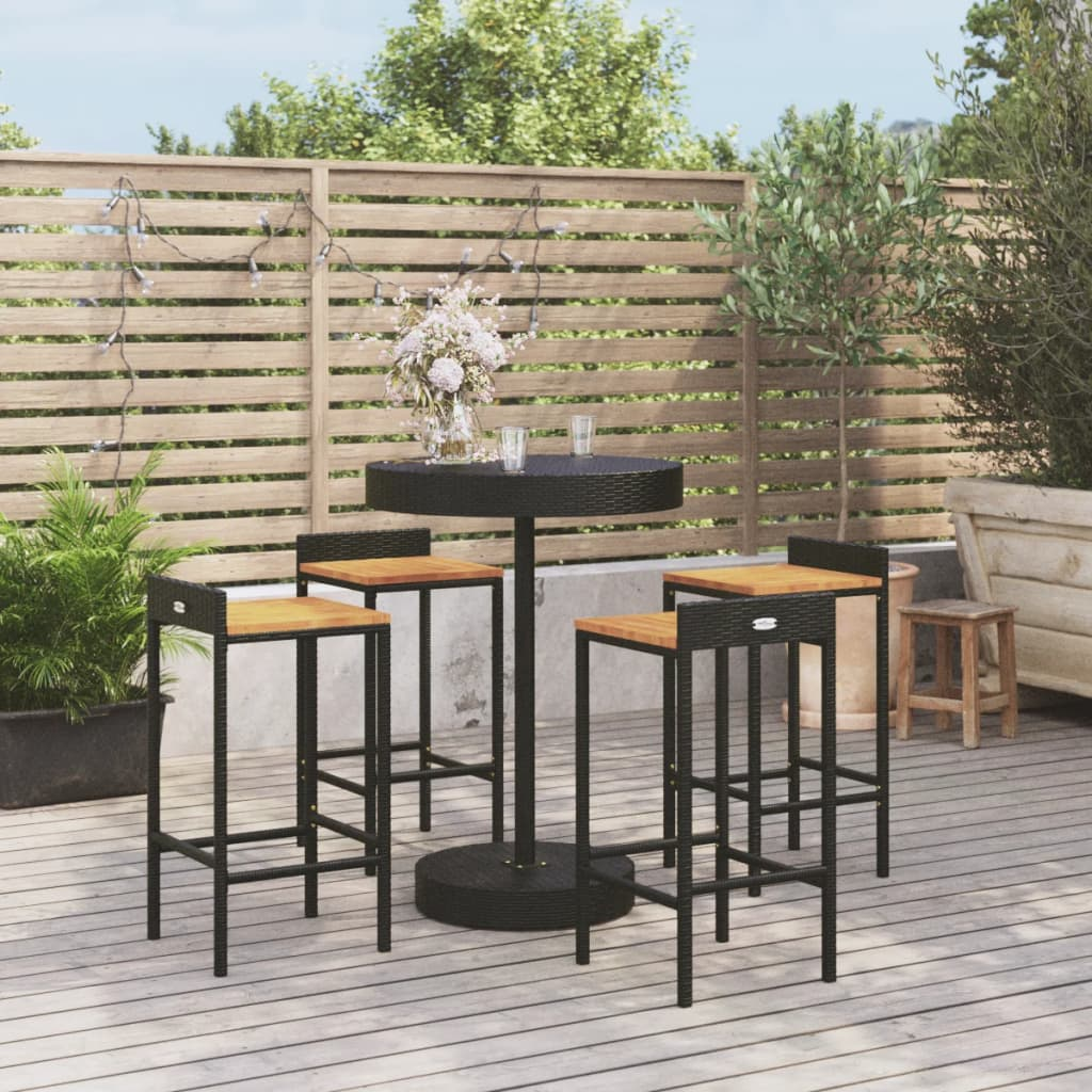 5 Piece Black Poly Rattan & Solid Acacia Wood Garden Bar Set