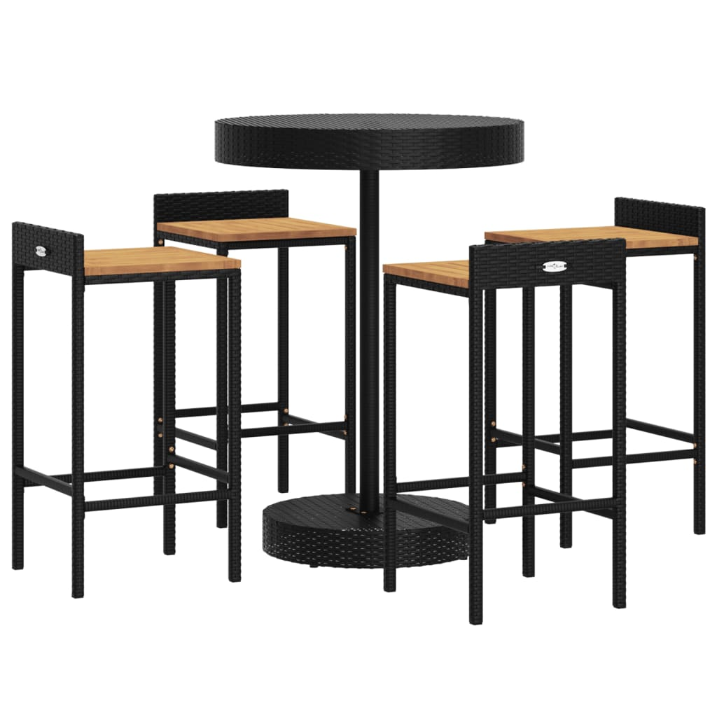 5 Piece Black Poly Rattan & Solid Acacia Wood Garden Bar Set