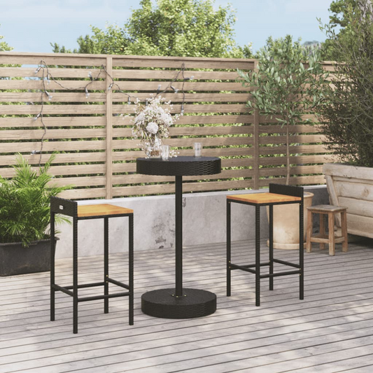 Black Rattan & Wood 3 Piece Garden Bar Set 