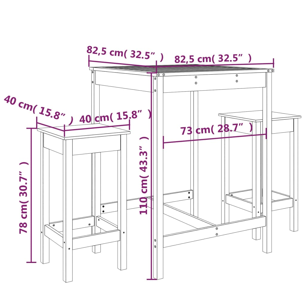 3 Piece Solid Pine Wood Garden Bar Set