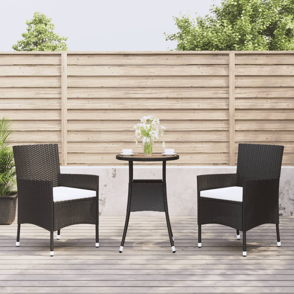 3 Piece Black Poly Rattan Garden Bistro Set with Cushions