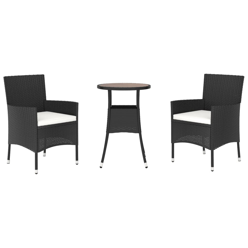 3 Piece Black Poly Rattan Garden Bistro Set with Cushions