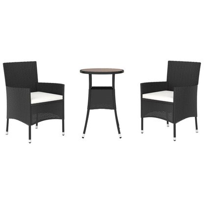 3 Piece Black Poly Rattan Garden Bistro Set with Cushions