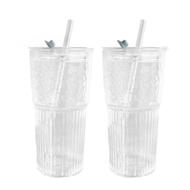 Stripe Glass Cup with Lid and Straw