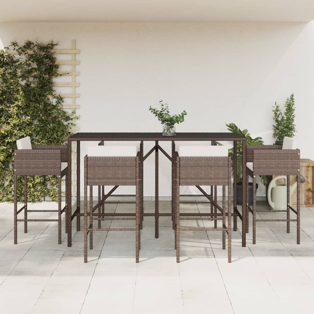  7 Piece Brown Poly Rattan Garden Bar Set with Cushions