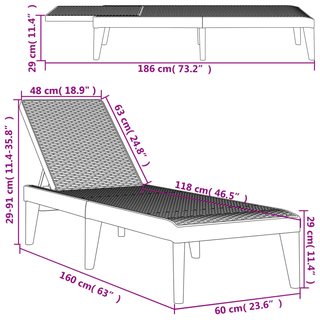 White Sun Lounger 186x60x29 cm