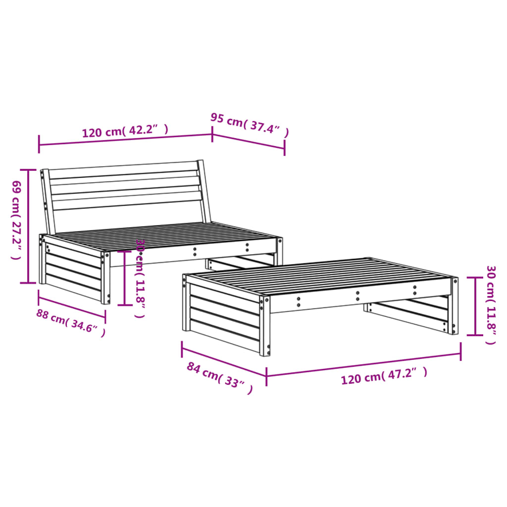 2 Piece Impregnated Pine Wood Garden Lounge Set