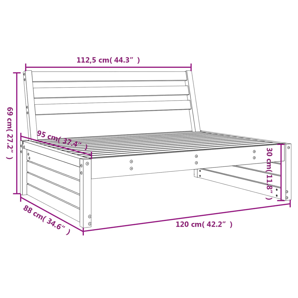  Black Solid Pine Wood Garden Middle Sofa 120x80 cm