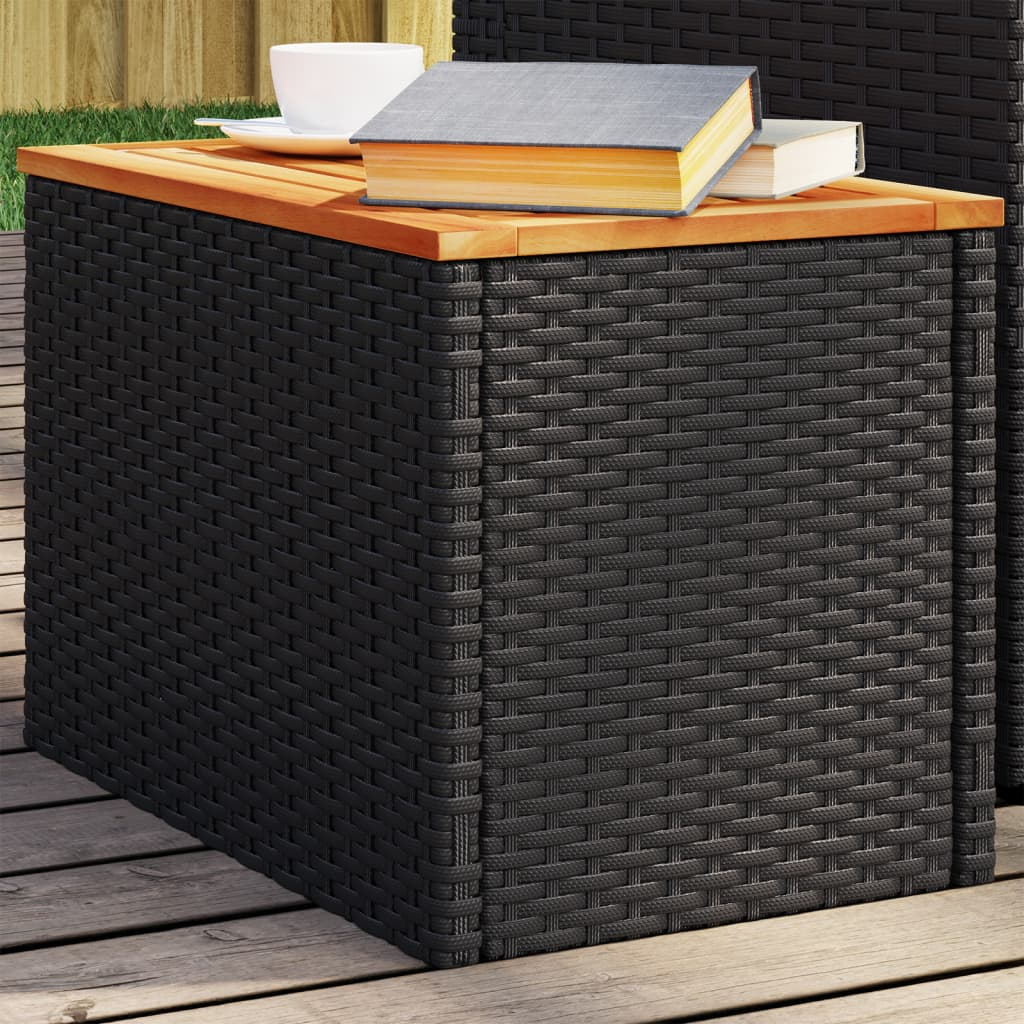 Black Poly Rattan Solid Wood Top Garden Side Tables 2pcs 55x34x37cm