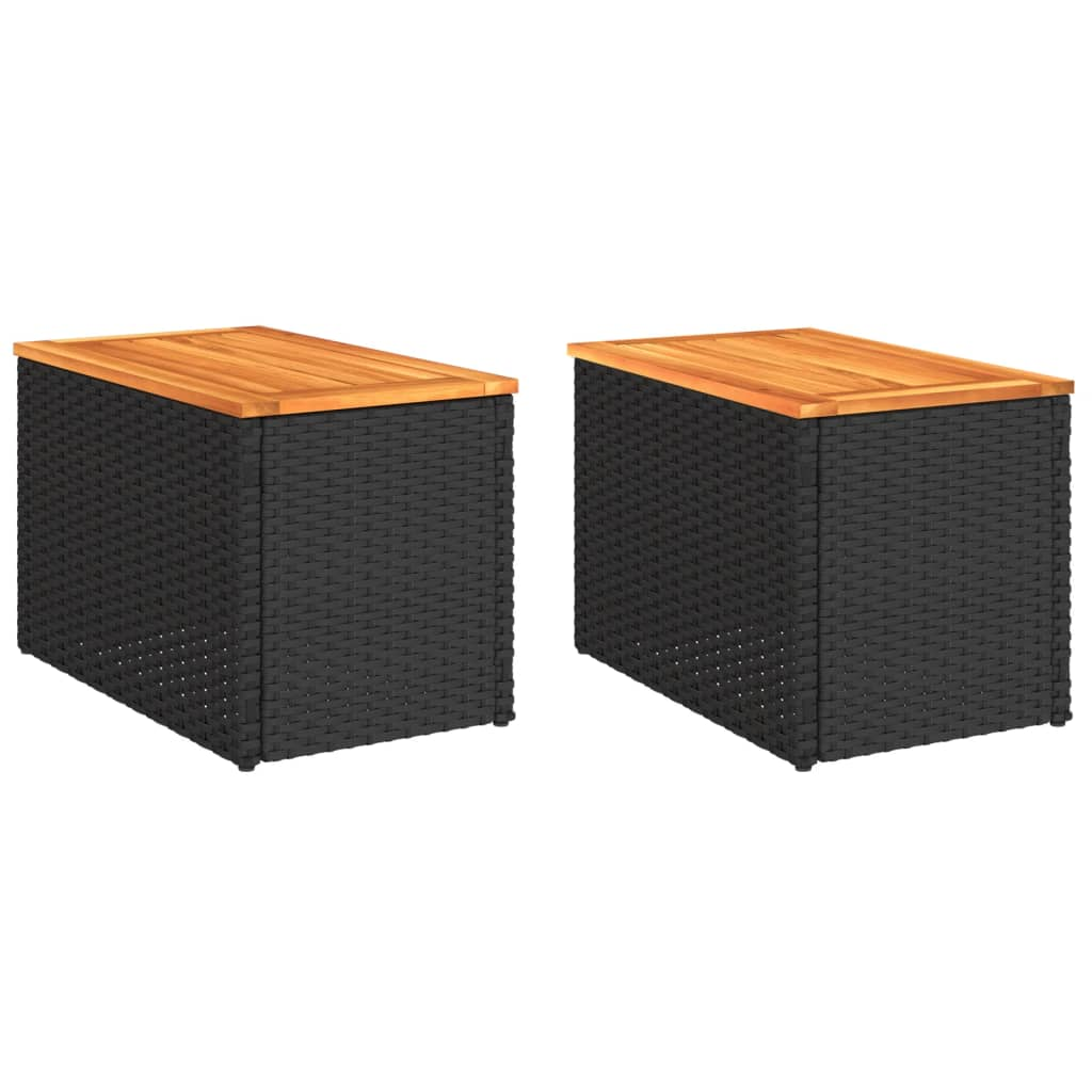 Black Poly Rattan Solid Wood Top Garden Side Tables 2pcs 55x34x37cm