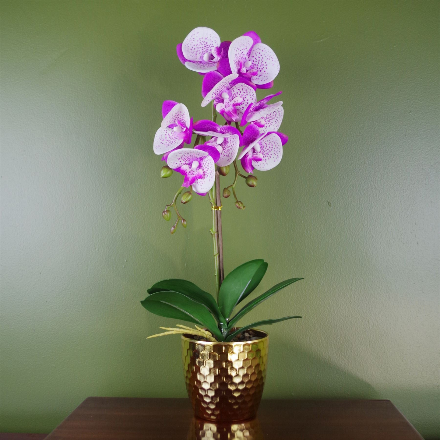 Artificial Purple and White Orchid with a Gold Planter