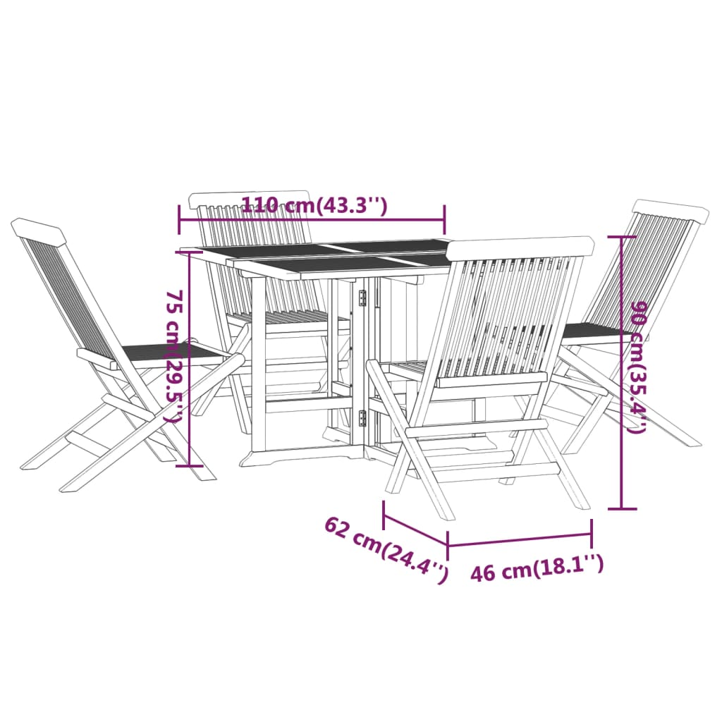 5 Piece Solid Teak Wood Folding Outdoor Dining Set