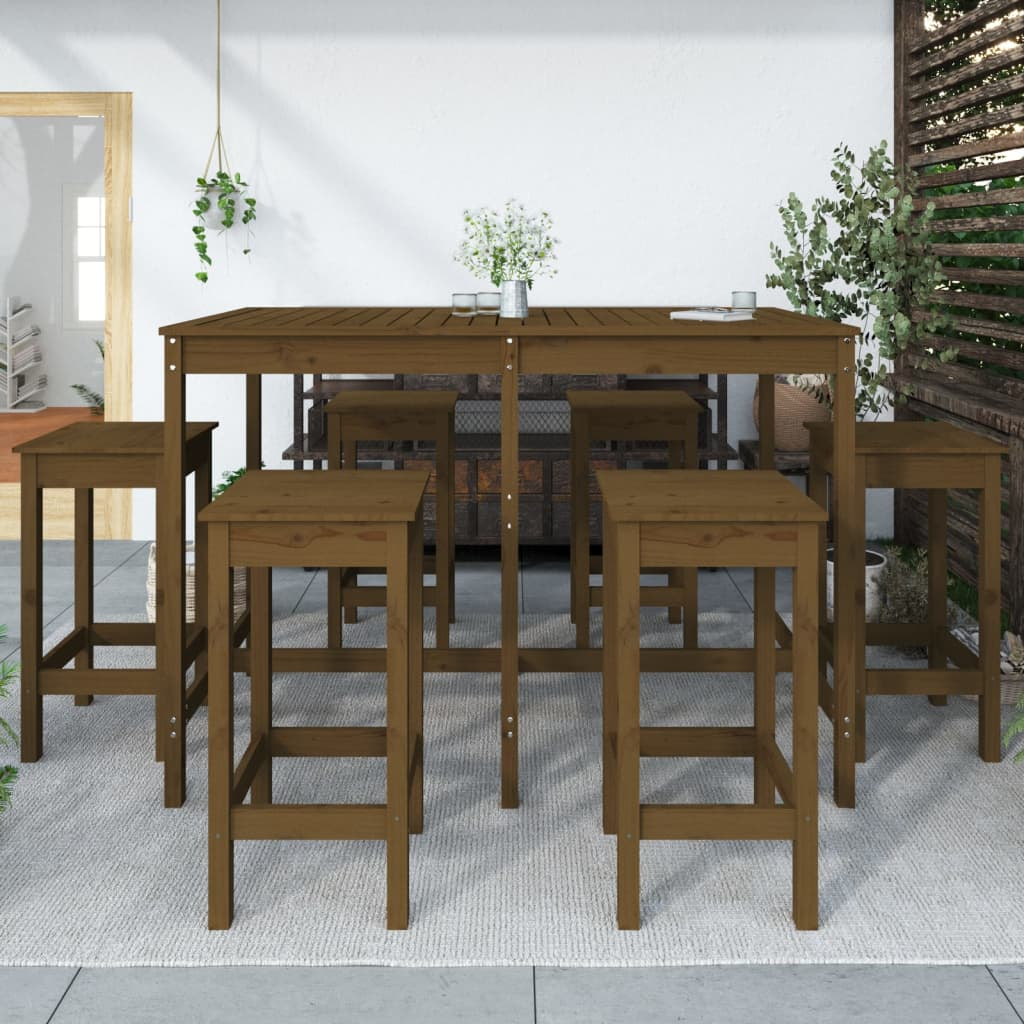 7 Piece Honey Brown Solid Pine Garden Bar Set