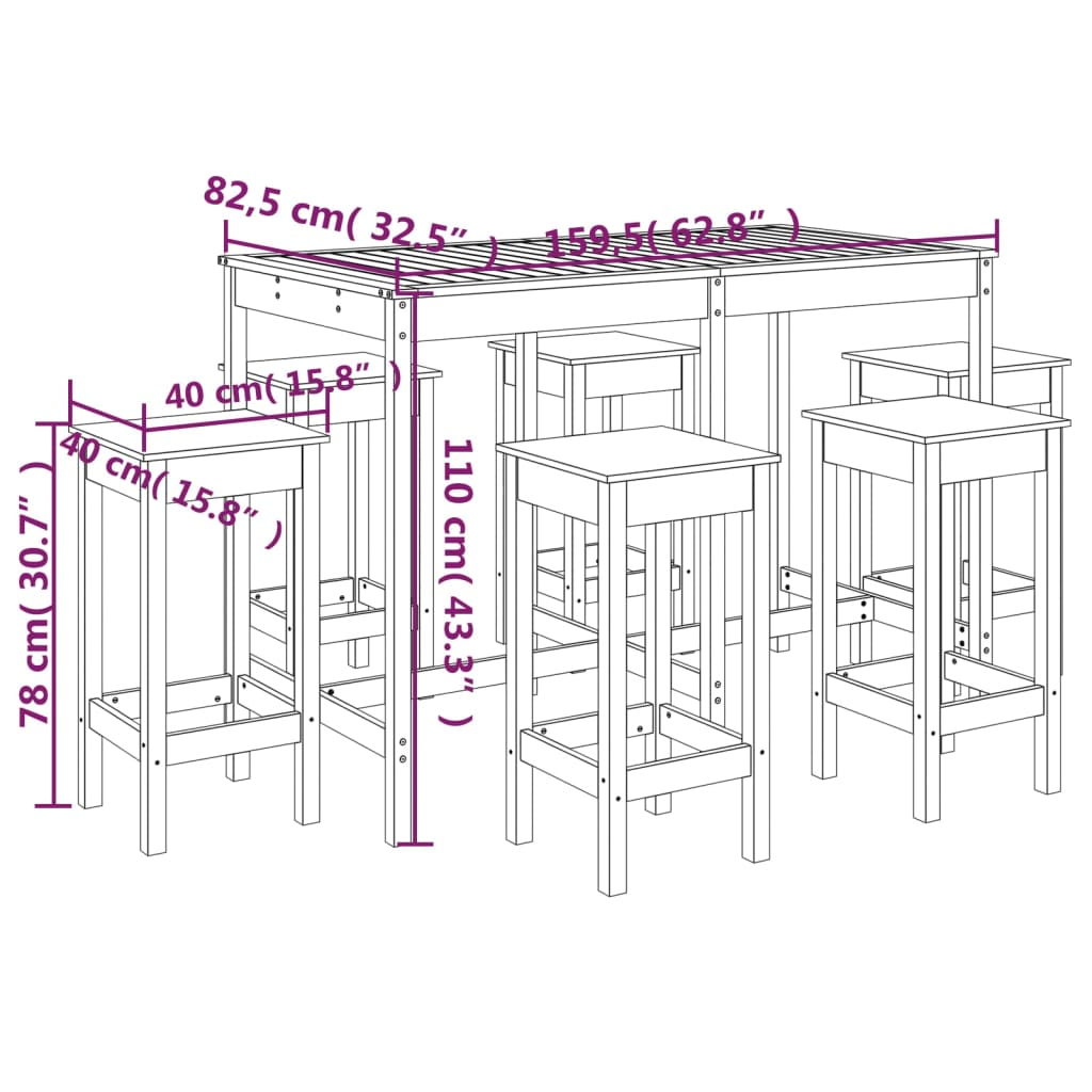 7 Piece Honey Brown Solid Pine Garden Bar Set