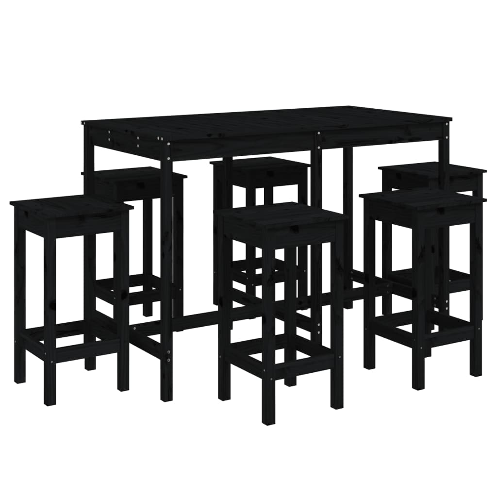 7 Piece Black Solid Pine Wood Garden Bar Set 