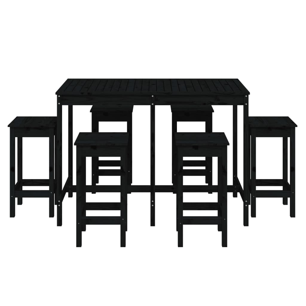 7 Piece Black Solid Pine Wood Garden Bar Set 