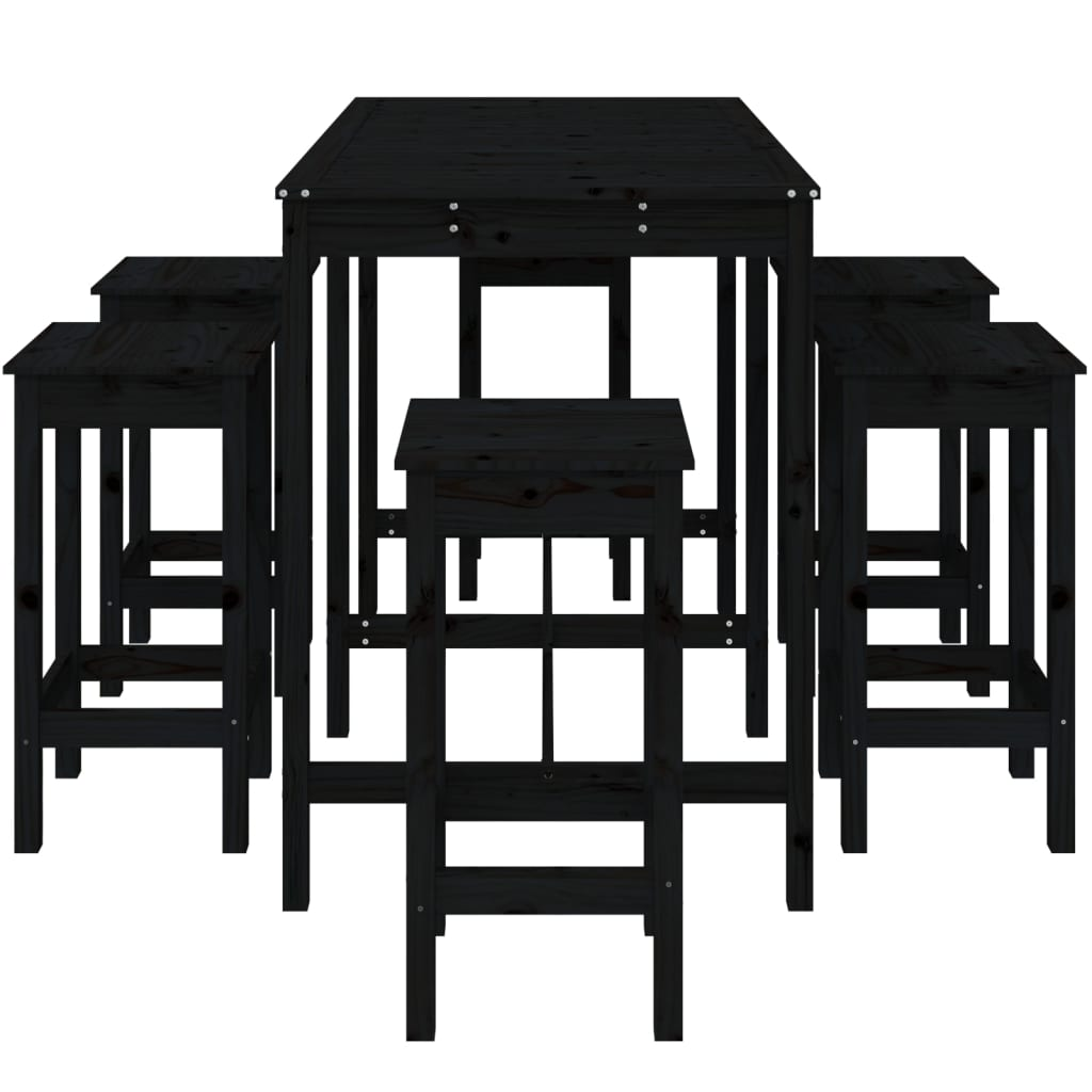 7 Piece Black Solid Pine Wood Garden Bar Set 