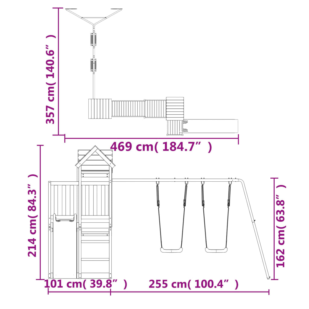 Solid Wood Pine (1 towers & bridge, 1 slide, 2 swings, no climing wall) 357 x 469 x 214 cm (L x W x H)