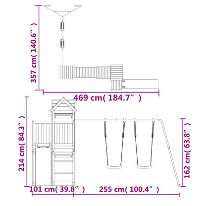 Solid Wood Pine (1 towers & bridge, 1 slide, 2 swings, no climing wall) 357 x 469 x 214 cm (L x W x H)