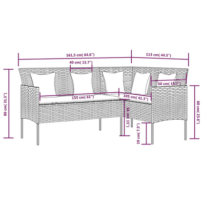  L-shaped Brown Poly Rattan Couch Sofa with Cushions