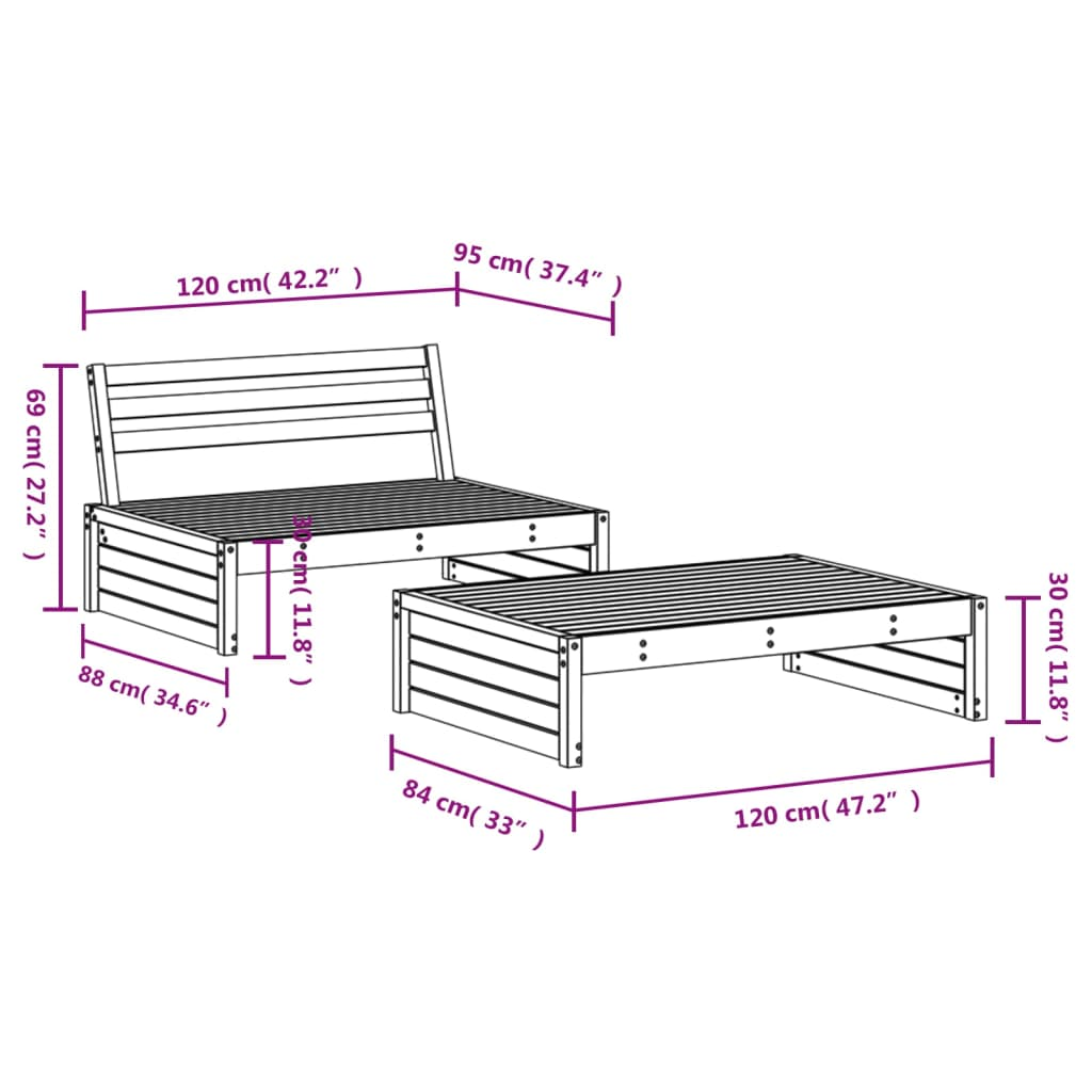  2 Piece Black Solid Pine Garden Lounge Set 