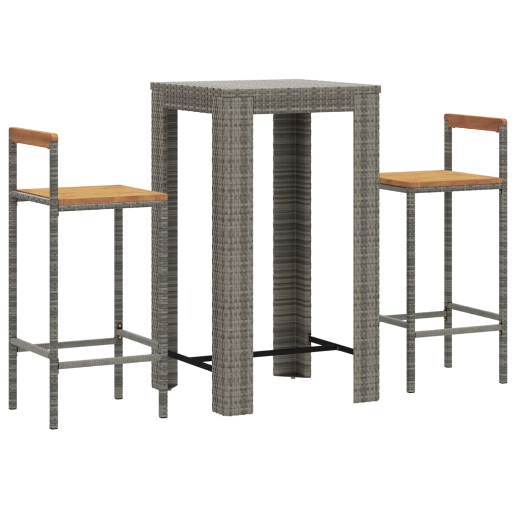 3 Pcs Grey Poly Rattan&Solid Wood Garden Bar Set