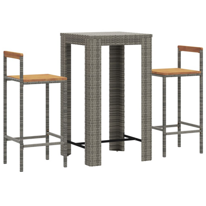 3 Pcs Grey Poly Rattan&Solid Wood Garden Bar Set