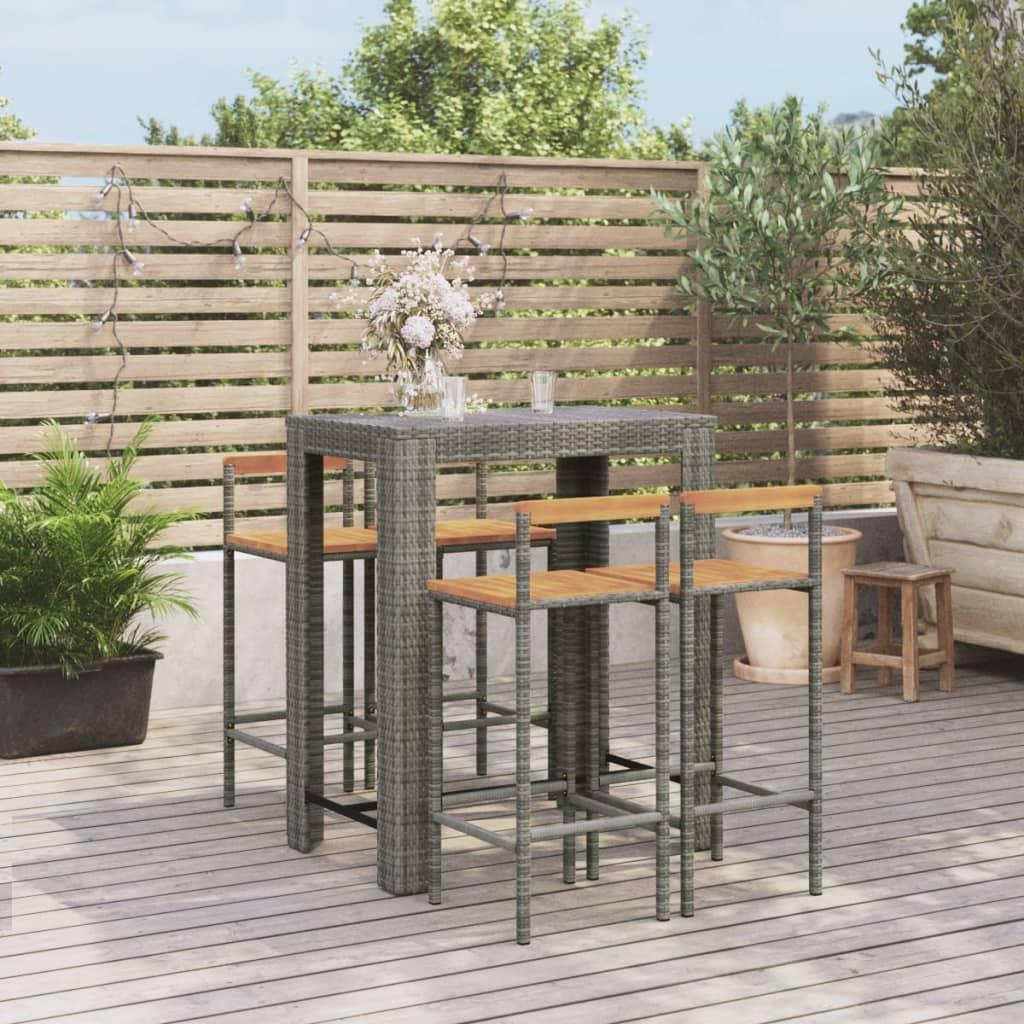 5 Piece Grey Poly Rattan & Solid Acacia Wood Garden Bar Set