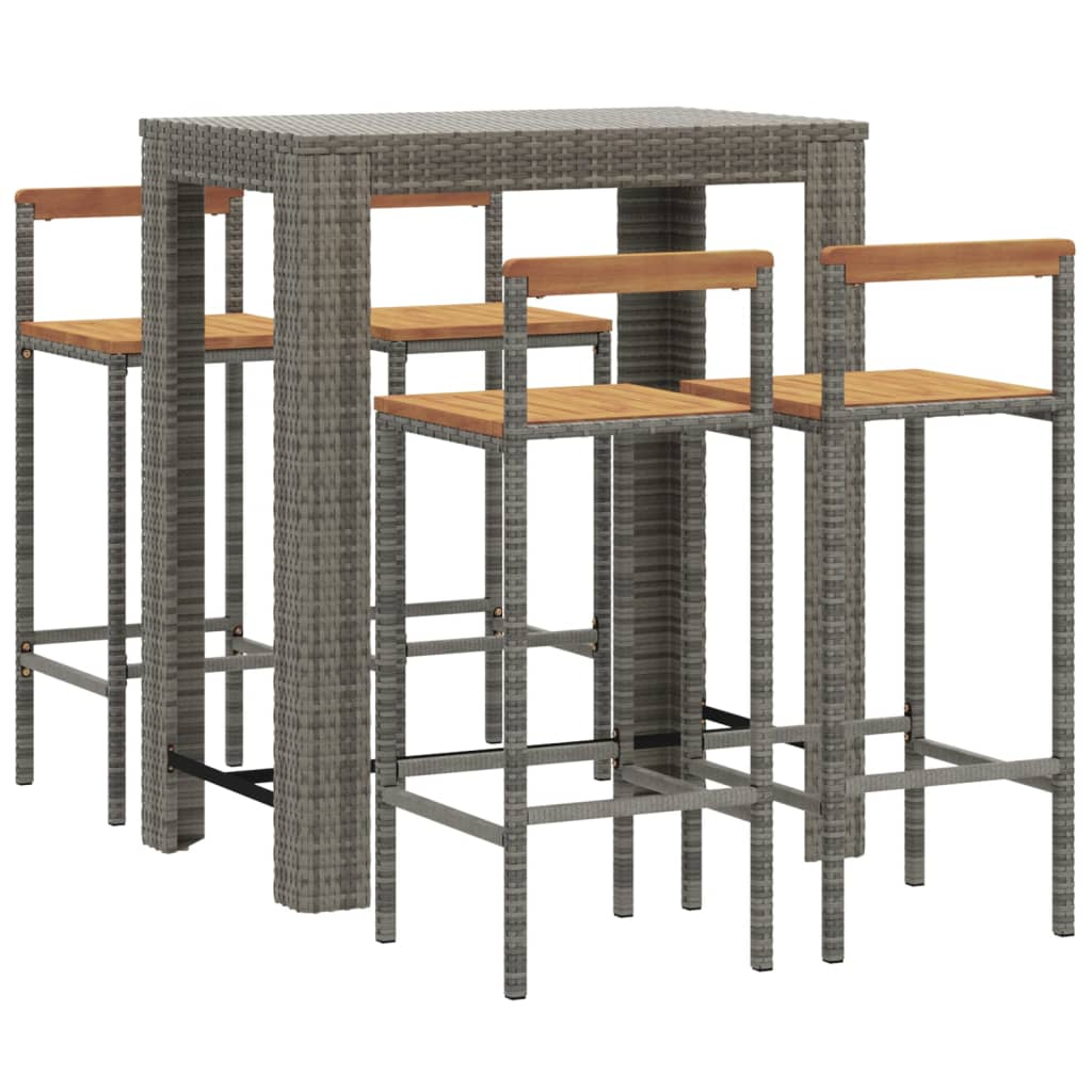 5 Piece Grey Poly Rattan & Solid Acacia Wood Garden Bar Set