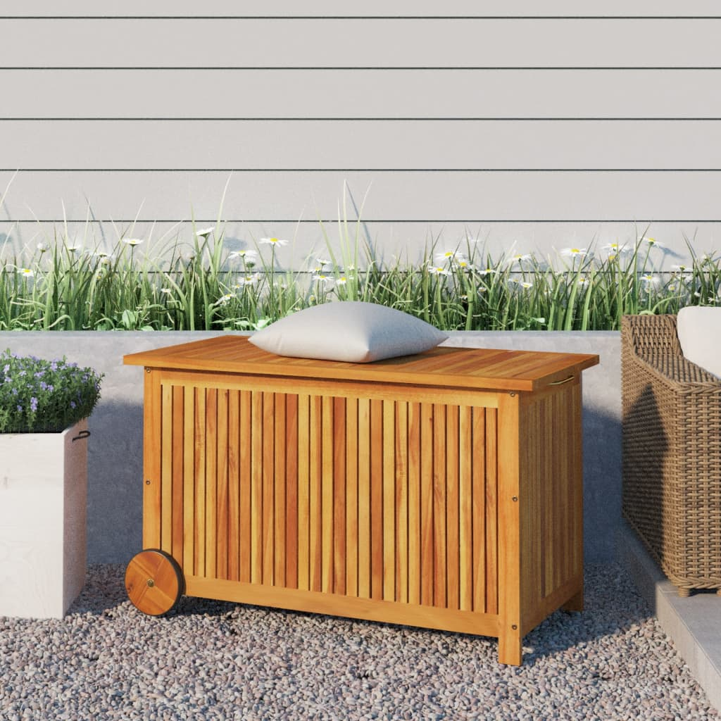 Solid Acacia Wood Garden Storage Box with Wheels 90x50x58 cm