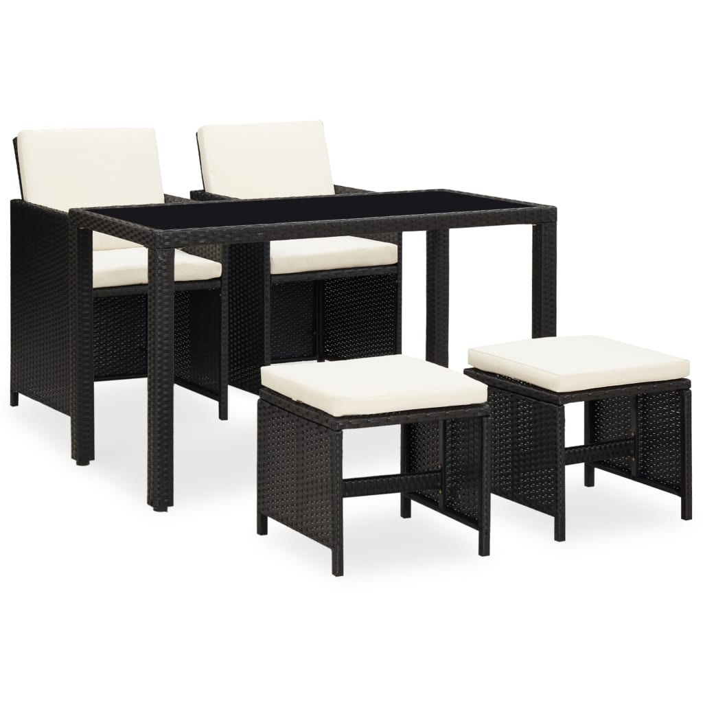 5 Piece Black Poly Rattan Outdoor Dining Set with Cushions