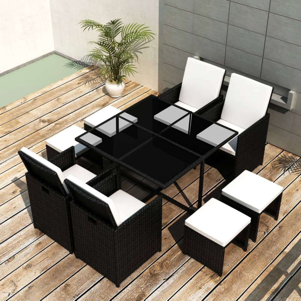 9 Piece Black Poly Rattan Outdoor Dining Set with Cushions