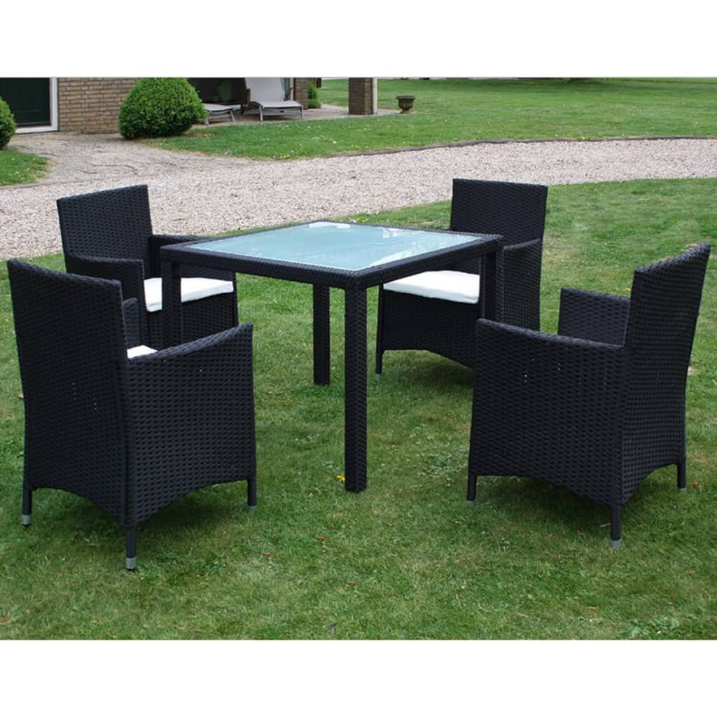 5 Piece Black Poly Rattan Outdoor Dining Set with Cushions