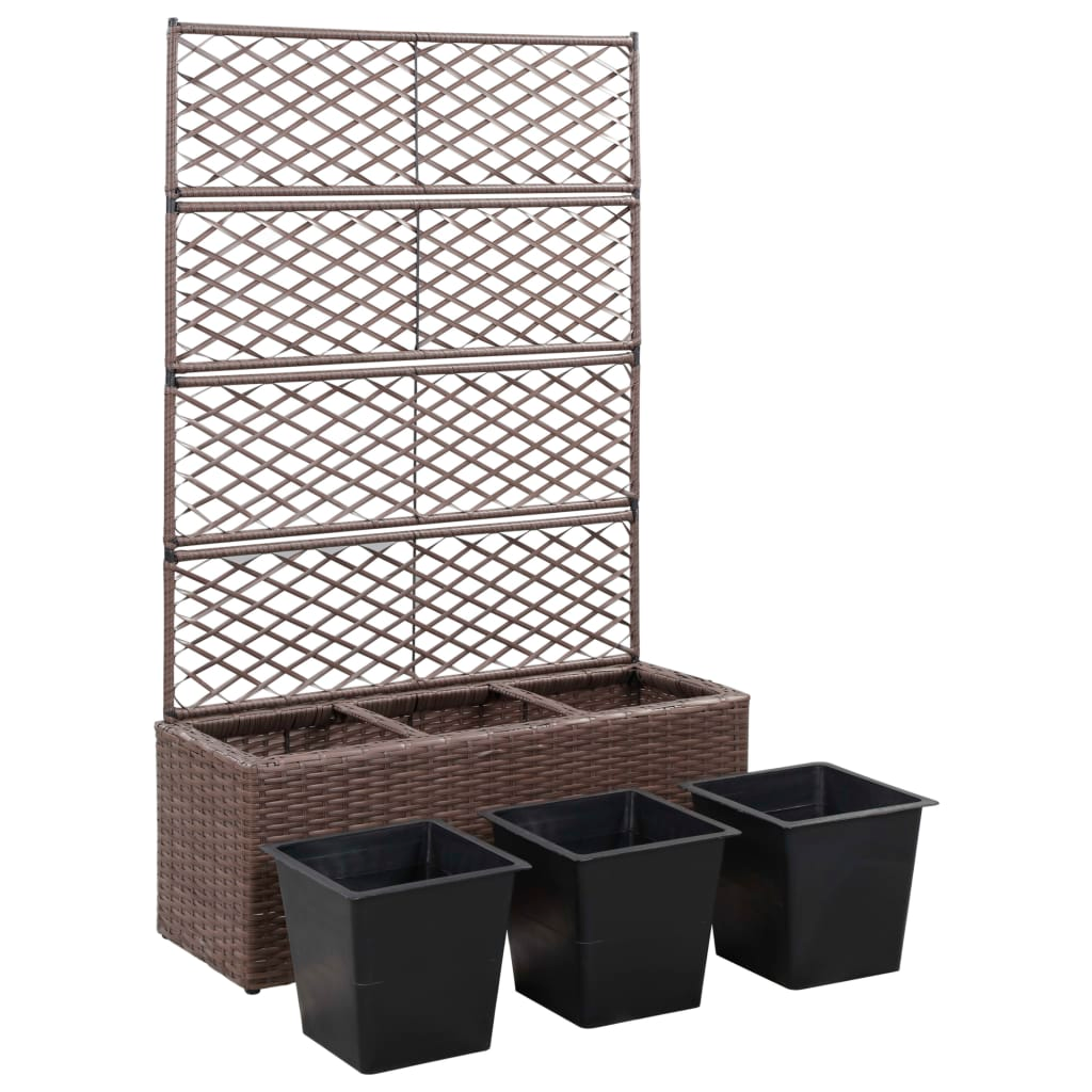 Trellis Raised Bed with 3 Pots, Poly Rattan Brown | Jscapes