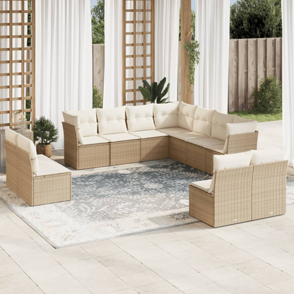  11 Piece Beige Poly Rattan Garden Sofa Set with Cushions