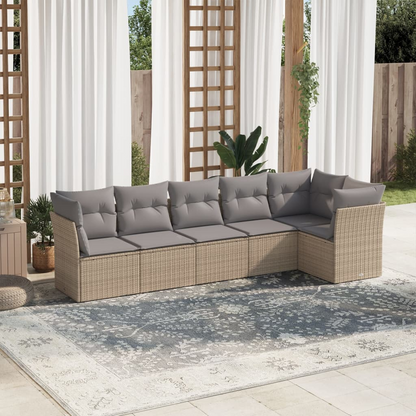  6 Piece Beige Poly Rattan Garden Sofa Set with Cushions