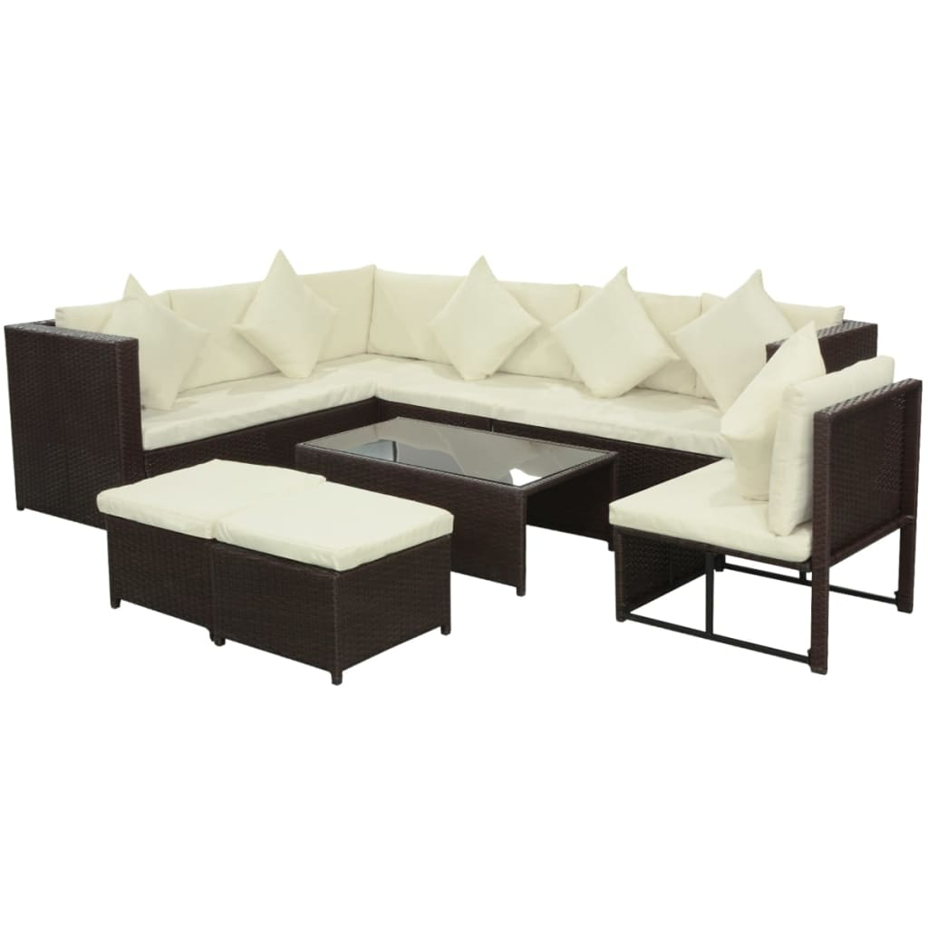  8 Piece Brown Poly Rattan Garden Lounge Set with Cushions