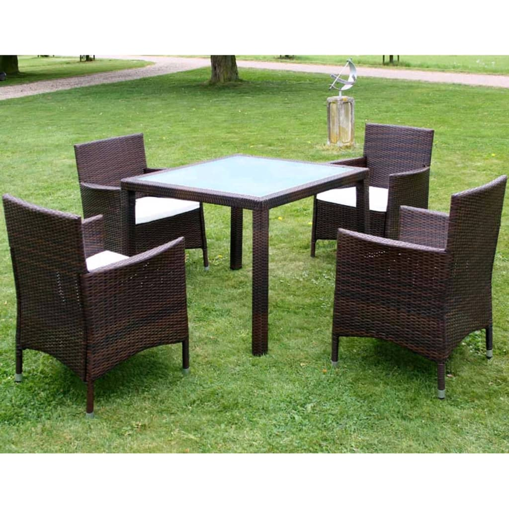 5 Piece Brown Poly Rattan Outdoor Dining Set with Cushions