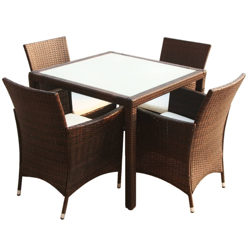 5 Piece Brown Poly Rattan Outdoor Dining Set with Cushions