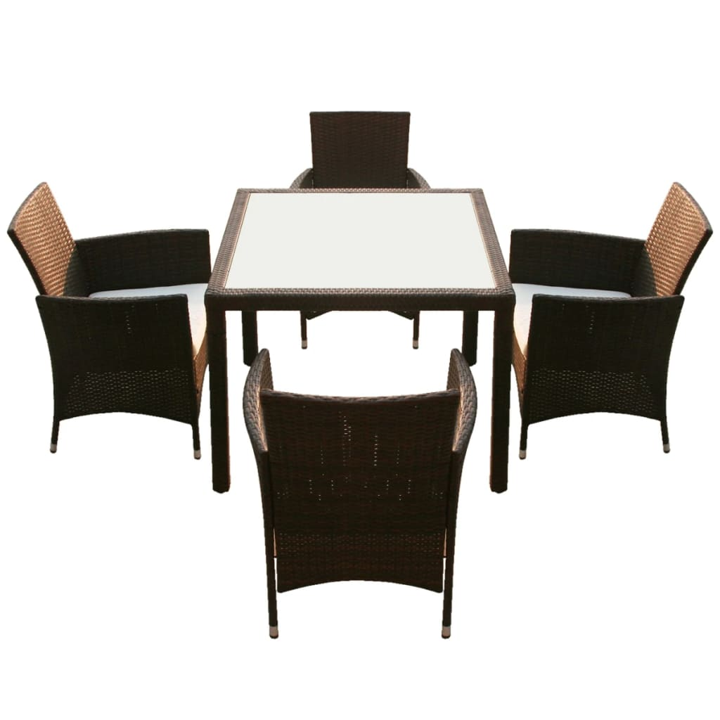 5 Piece Brown Poly Rattan Outdoor Dining Set with Cushions