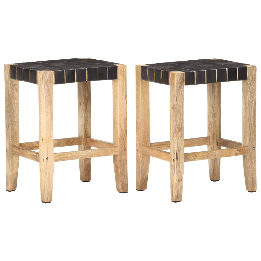  Black Real Leather & Solid Mango Wood Bar Stools 2 pcs 46x36x60 cm