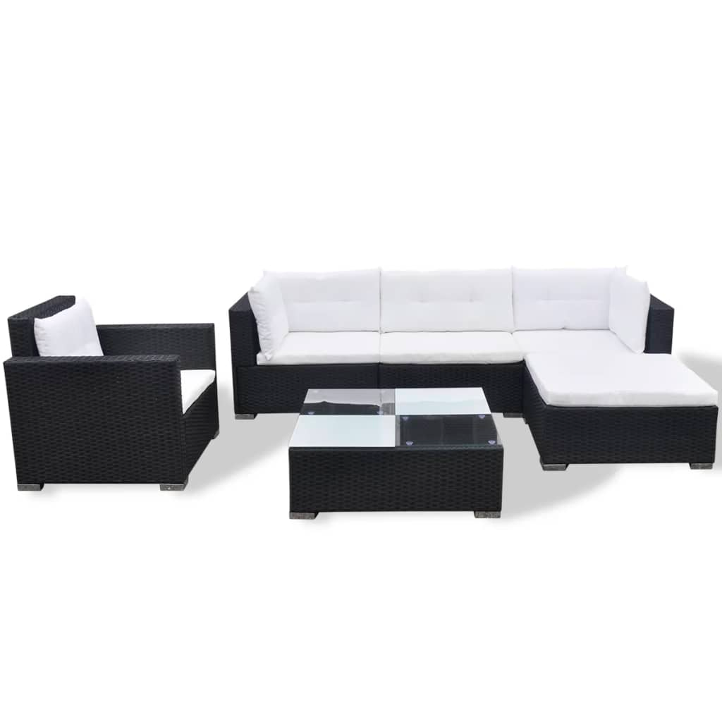 6 Piece Black Poly Rattan Garden Lounge Set with Cushions