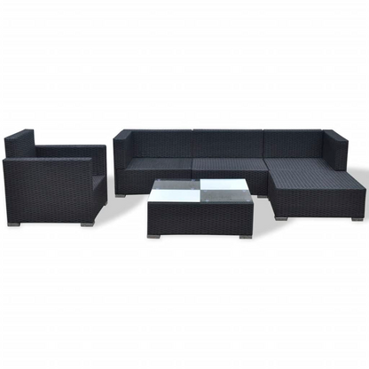 6 Piece Black Poly Rattan Garden Lounge Set with Cushions