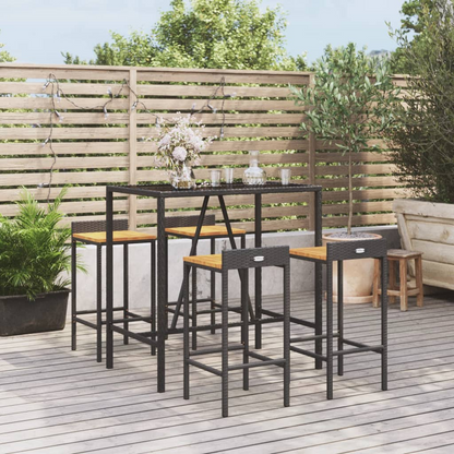 5 Piece Black Rattan & Solid Wood Garden Bar Set