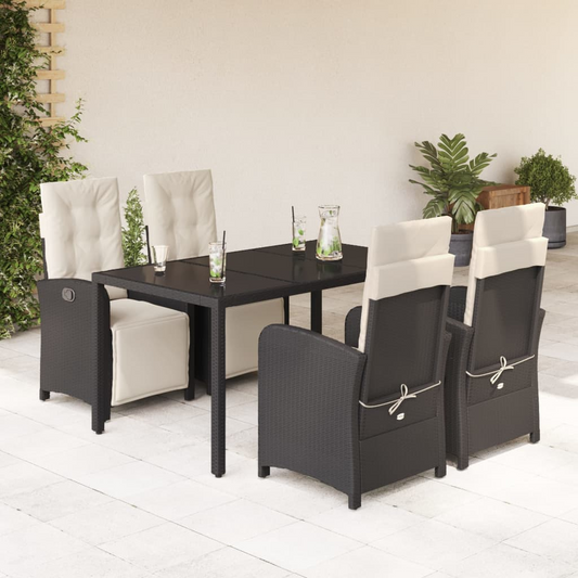 5 Piece Black Poly Rattan Garden Dining Set with Cushions